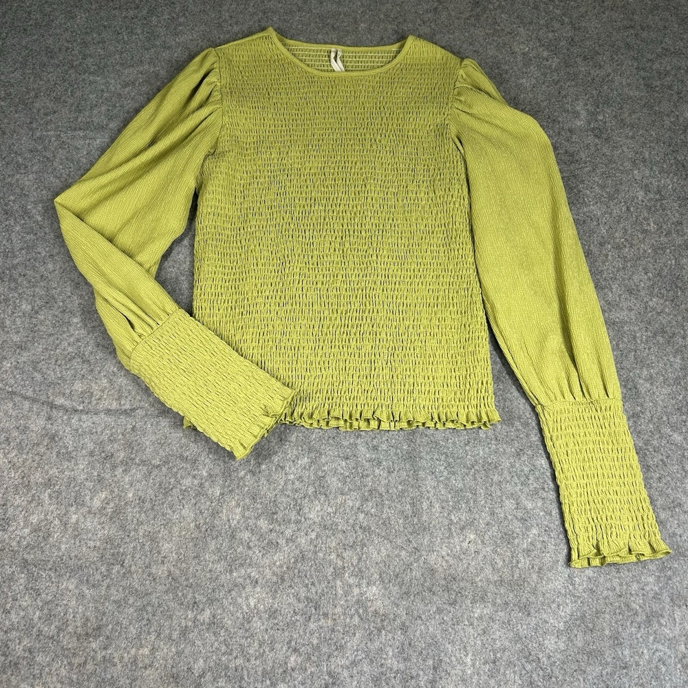 Anthropologie Lime Green Smocked Puff-Sleeve Blouse